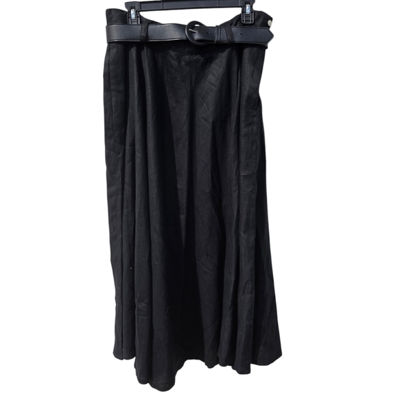 Vintage 100% Linen Liz Claiborne Belted Flowy Black Midi Skirt Witch Size 16 - Picture 1 of 13